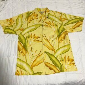 Tommy Bahama Hawaiian Shirt - Medium Mens - Yellow Golden Green Floral 100% Silk